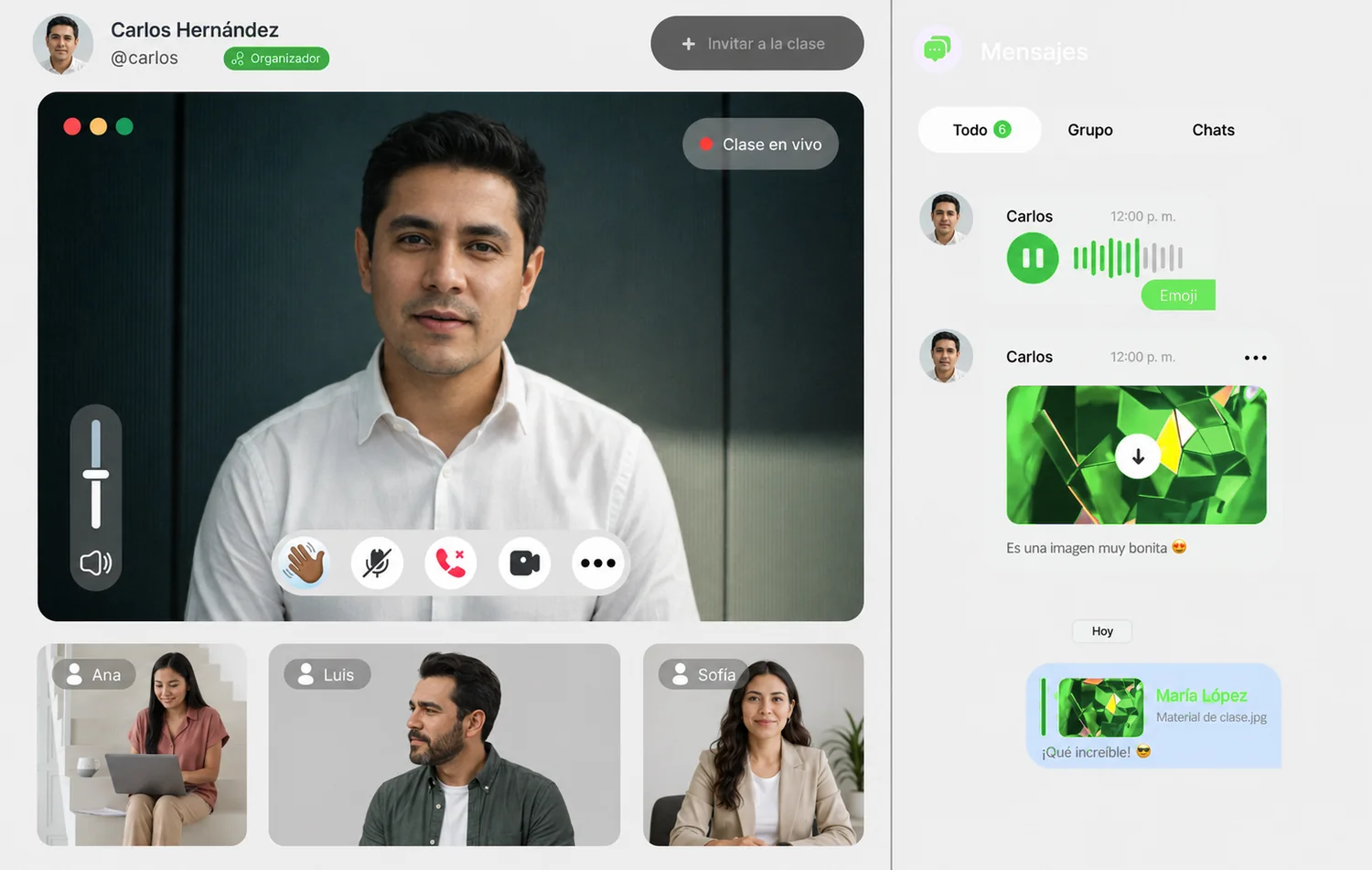 Clase en vivo del Instituto Avanza: el docente en pantalla completa, tres alumnos conectados y el panel de mensajes del grupo.